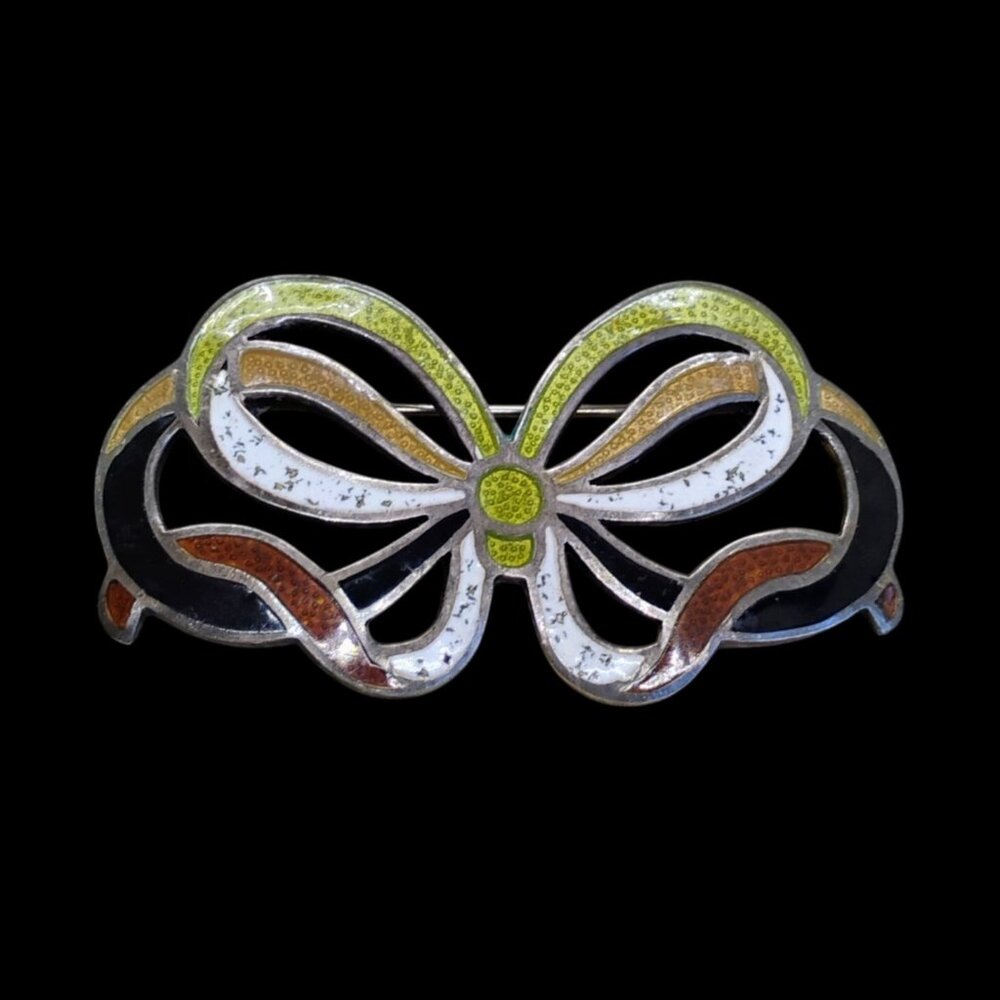 Margot De Taxco Sterling Silver Enamel Bow Ribbon Knot Brooch Pin Mexico